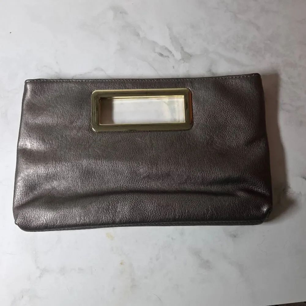 NWT Imoshion Metallic Pewter Vegan Leather Clutch with Gold Hardware